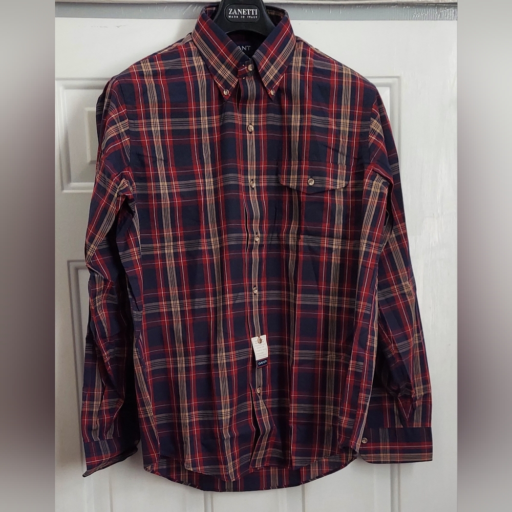 GANT FOXHUNT PLAID MEN'S COTTON BLEND BUTTON DOWN LONG SLEEVE SHIRT SIZE L NWOT